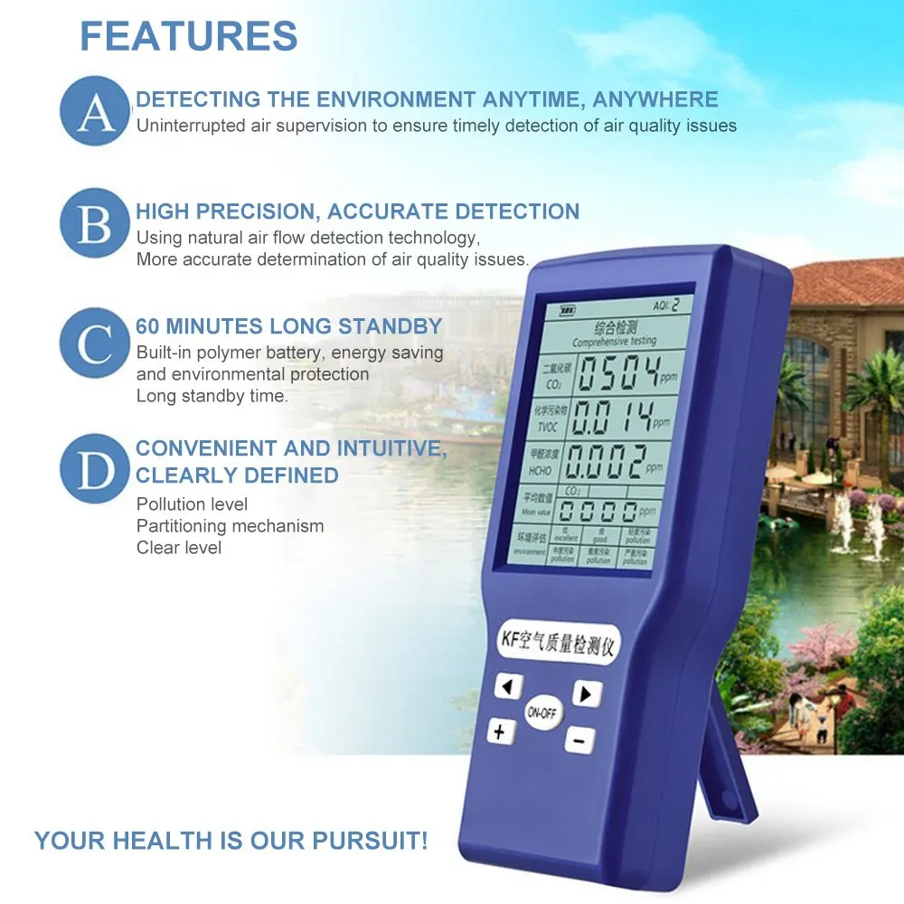 

5 IN 1 Gas Analyzer Portable High Precision Air Quality Monitor for CO2 TVOC HCHO AQI Comprehensive Testing Monitor