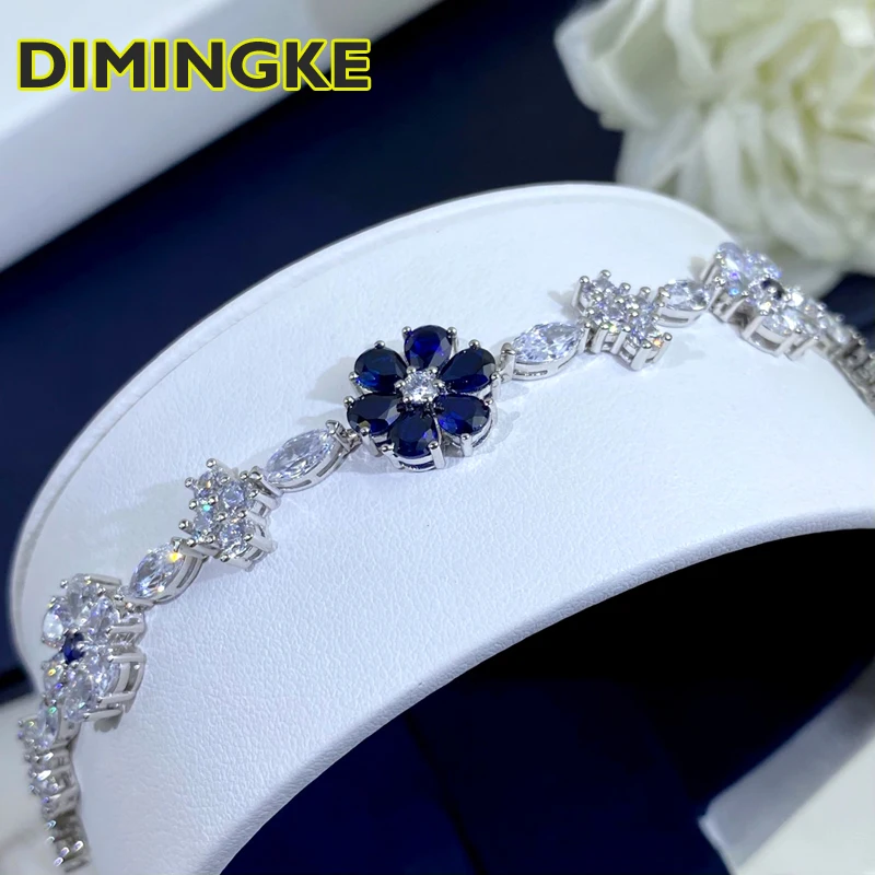 

DIMINGKE Flower Sapphire Diamond Super Silver Bracelet S925 Silver Jewelry Wedding Party Woman Gift 17CM