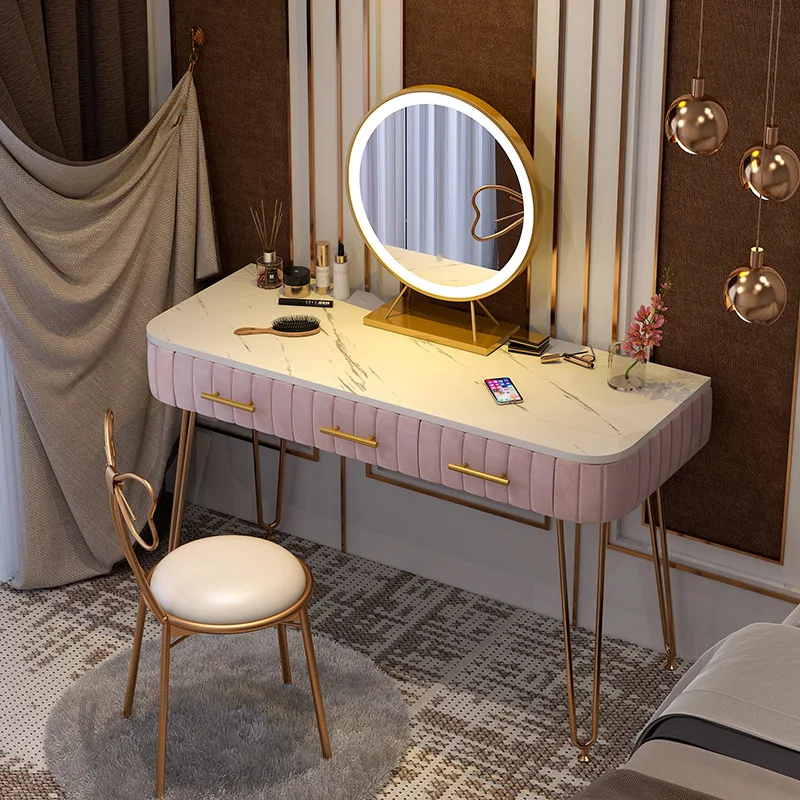 

Light luxury Dressing Table with LED Lamp Mirror Marble Table Top Multicolor Dresser Bedroom Furniture Modern Girl Vanity Table