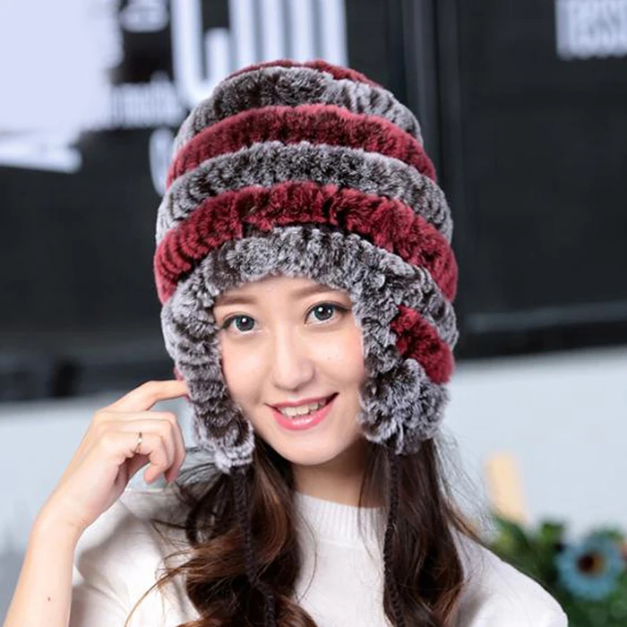 Lady Real Fur Earflap Hats Women Natural Rex Rabbit Fur Beanies Cap Russian Winter Warm Genuine Fur Hat Wholesale - Цвет: rose coffee