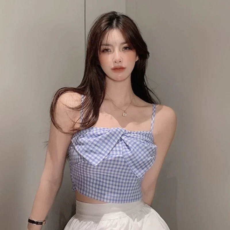 

Bow Plaid Tube Top Small Sling Vest Women's Fall and Winter Outer Wear Pure Desire Style Sweet Short Sexy Inner Wear Top