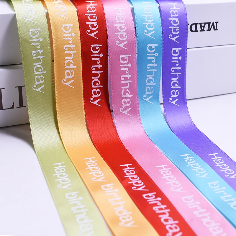 

Colorful Polyester Ribbon with Happy Birthday Print Cake Box Gift Wrap Ribbon Birthday Party Supplies Baking Shop Packaging Belt