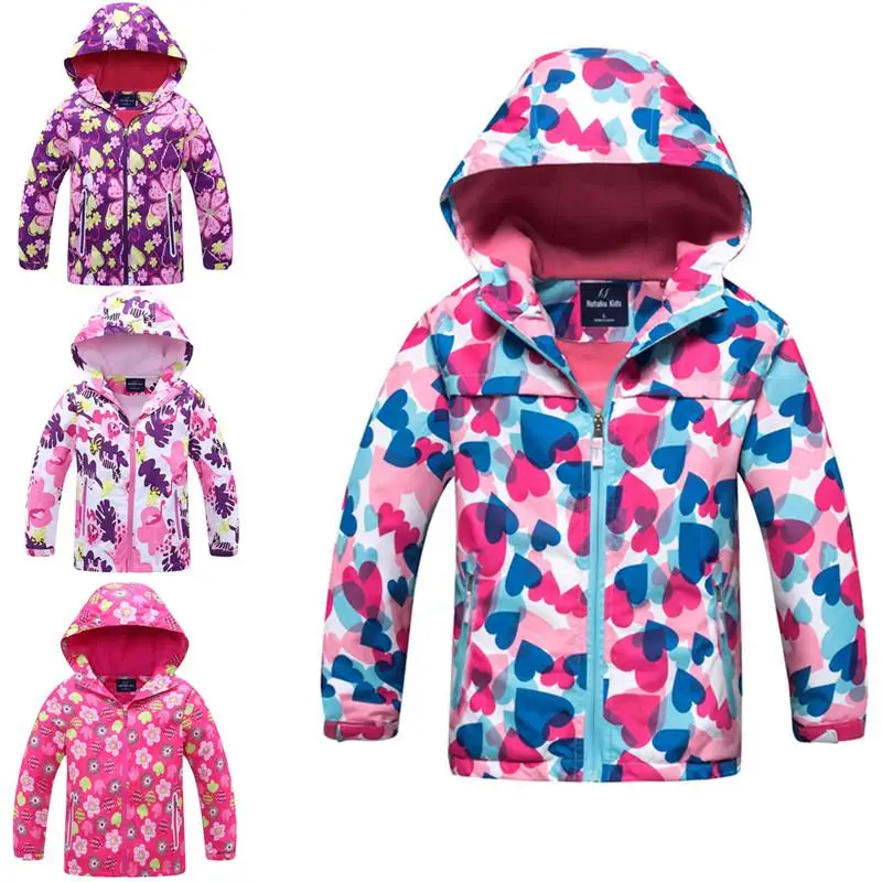 

Children Floral Print Windproof Windbreakers Jacket Kids Autumn Winter Hooded Coat Zipper Outerwear