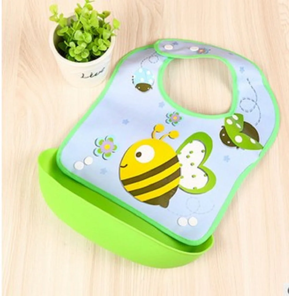 Green Bee Детская Водонепроницаемая из мягкого силикона нагрудники милый мультяшный нагрудник для кормления дети закатать еда Ловца карман съемный - Цвет: Green Bee