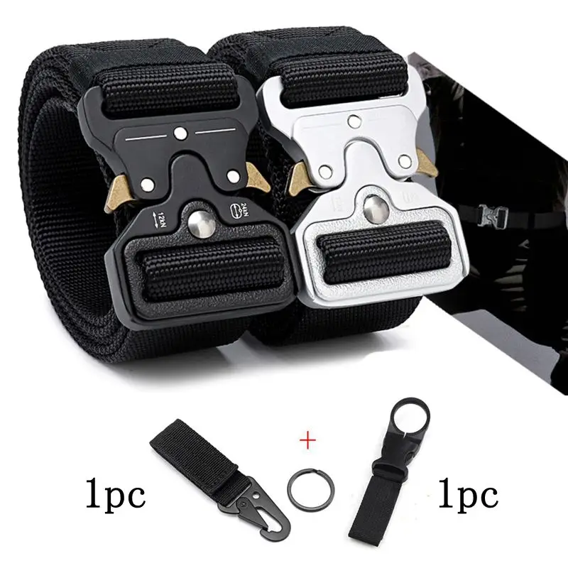 2pcs Belt For Jeans Plus Size Army Military Tactical Belt Metal Quick Release Buckle Adjustable Waist Belts Black Sivler Buckles