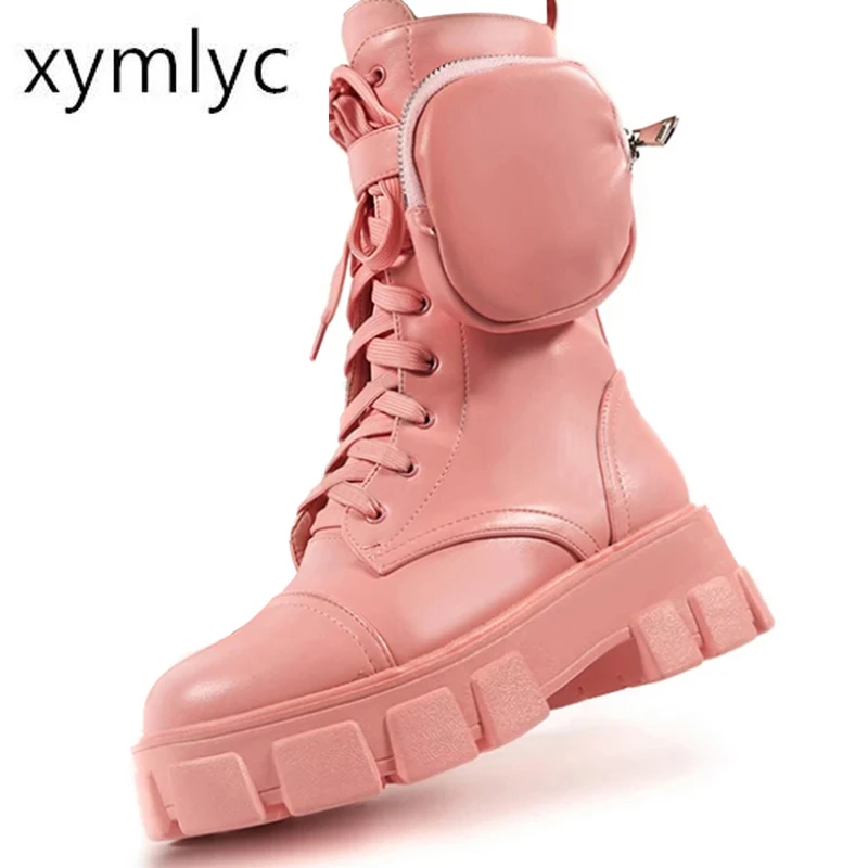 

Winter Fashion Motorcycle Boots Wedges Flat Boots Woman High Heel Platform PU Leather Boots Lace Up Women Shoes Black Booties