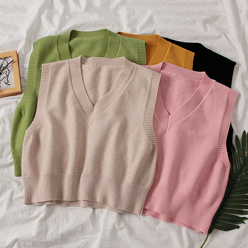

2020 Spring Autumn Vintage Sleeveless V-neck Sweater Vest Women Knitted Solid Preppy Style Pullovers Ladies Casual Knit Tank Top