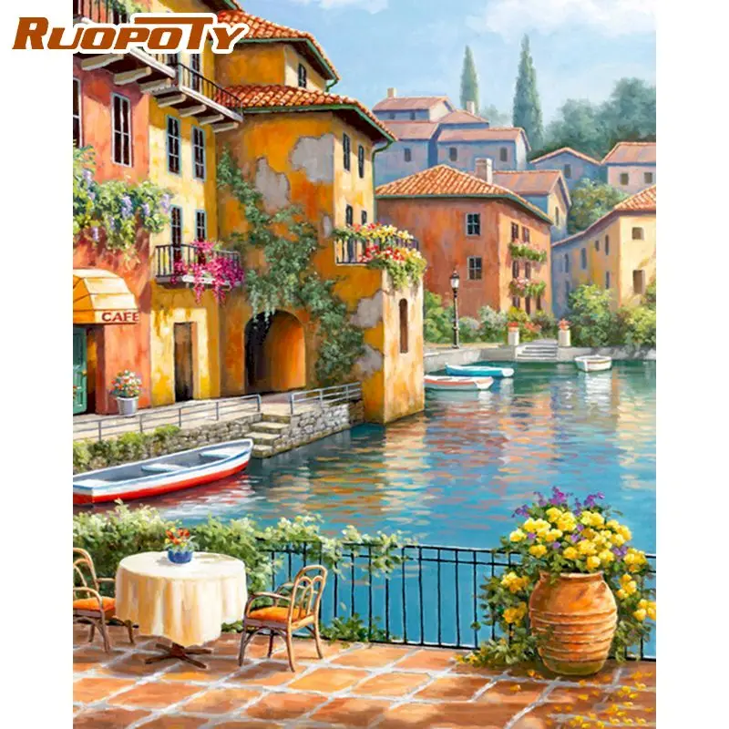 

RUOPOTY Frameless Picture By Numbers Kits For Adults Children 60x75cm Frame Seaside Ladder Landscape Paint Kits Home Decorations
