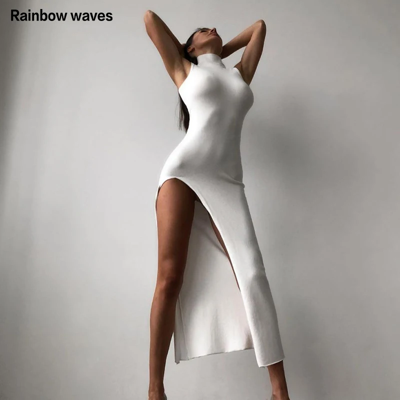 

Rainbowwaves Solid Women's Dresses 2022 New Fashion O-Neck Sleeveless Slim Long Dress Sexy High Split Elastic Bodycon Dress