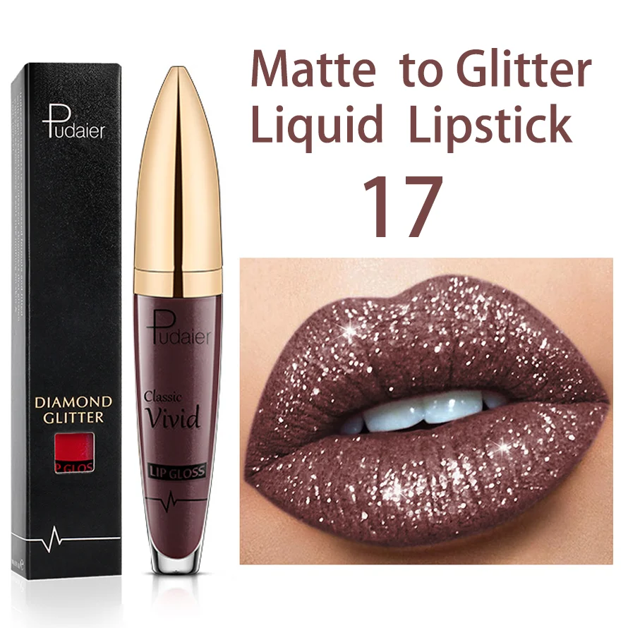 

Pudaier Glitter Matte Lip Gloss Waterproof Long Lasting Sexy Nude Liquid Lipsticks Makeup Diamond Shiny Lip Tint Cosmetics Gift