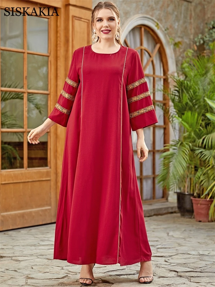 

Siskakia Indie Folk Embroidery Maxi Dress for Women Summer 2021 Modest Muslim Arabic Robe Dubai Turkey Ramadan Eid Clothes Green
