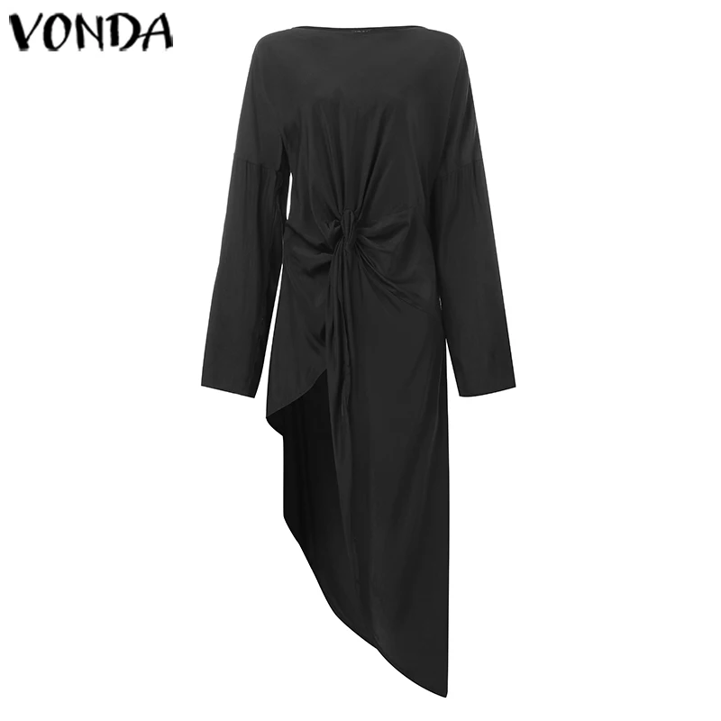 Асимметричная туника, топы, женская блузка, Весенняя сорочка, модная VONDA, одноцветная рубашка с длинным рукавом, женская сексуальная блуза с разрезом, большие размеры
