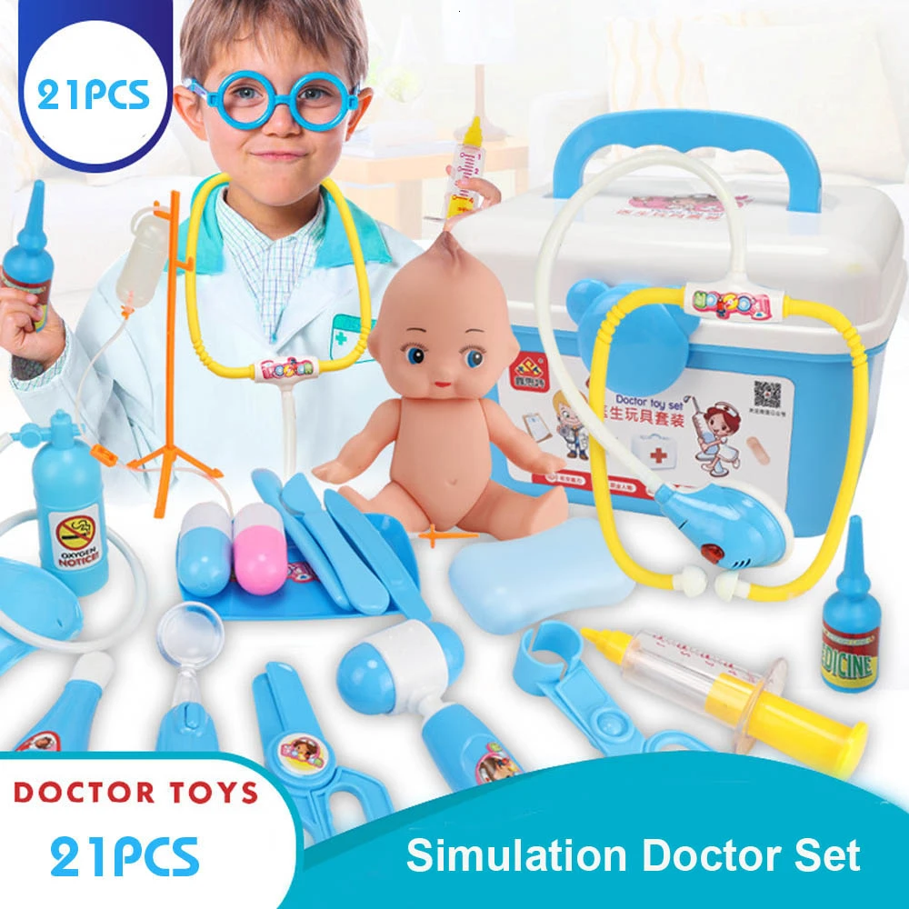 21PCS Blue 21-39 шт., детские игрушки для ролевых игр, набор для доктора, медицинский набор для моделирования с портативным чемоданом, игрушки для ролевых игр для девочек, инструмент для зубного врача - Цвет: 21PCS Blue