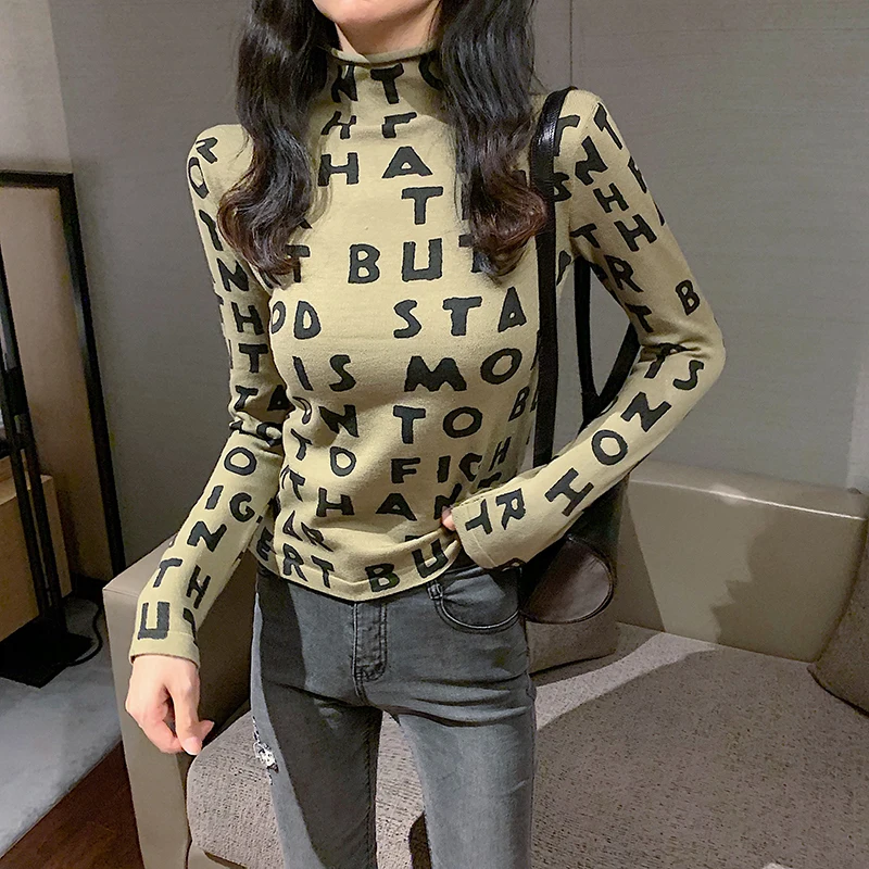 Женская водолазка с буквенным принтом GRUIICEEN облегающая футболка длинными