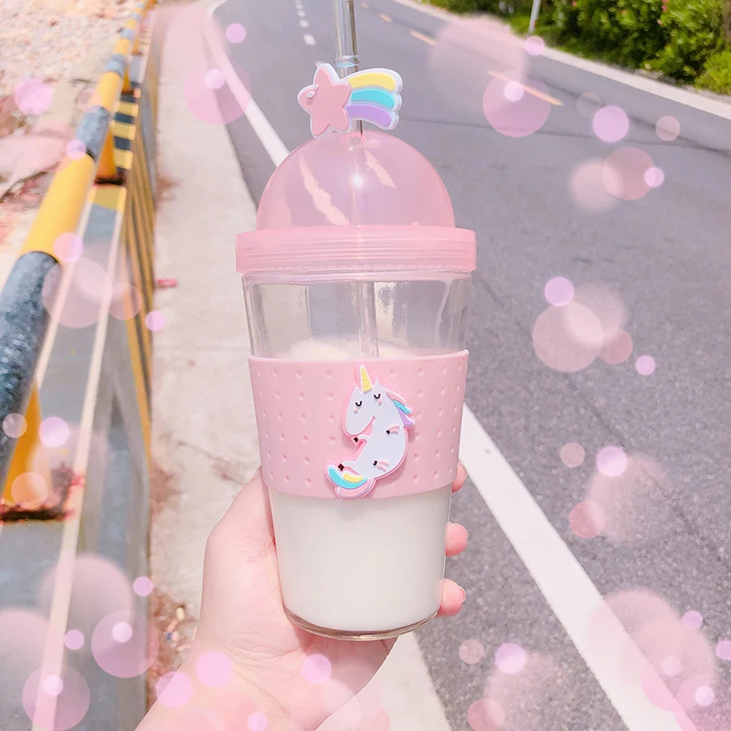 Boxi Kpop Kawaii стеклянная бутылка для воды для девочек, мультяшная Милая бутылка для воды для детей и взрослых, чашка для воды с крышкой и соломенными ручными чашками