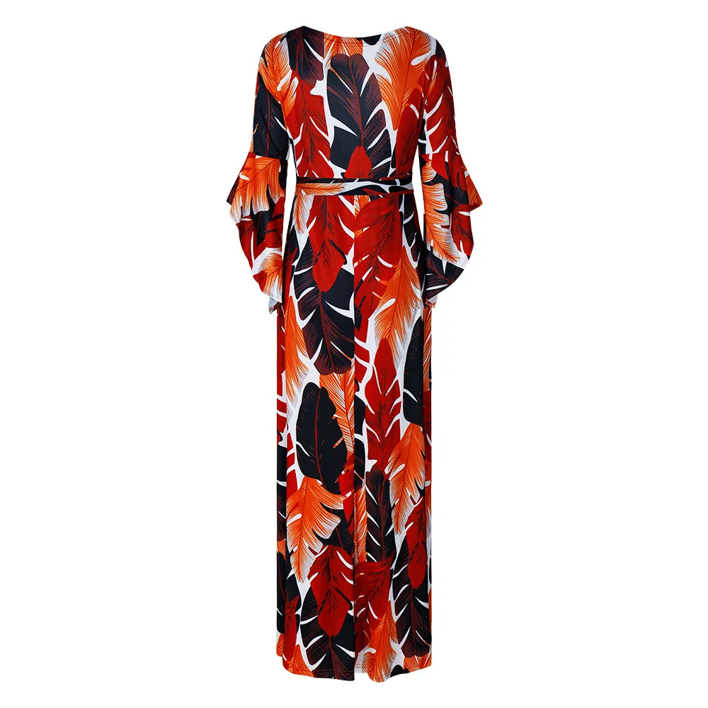 

2018 Quality Hot European and American Women's Dress Deep V Bell Sleeve High Split Feather Floral Printed Dress