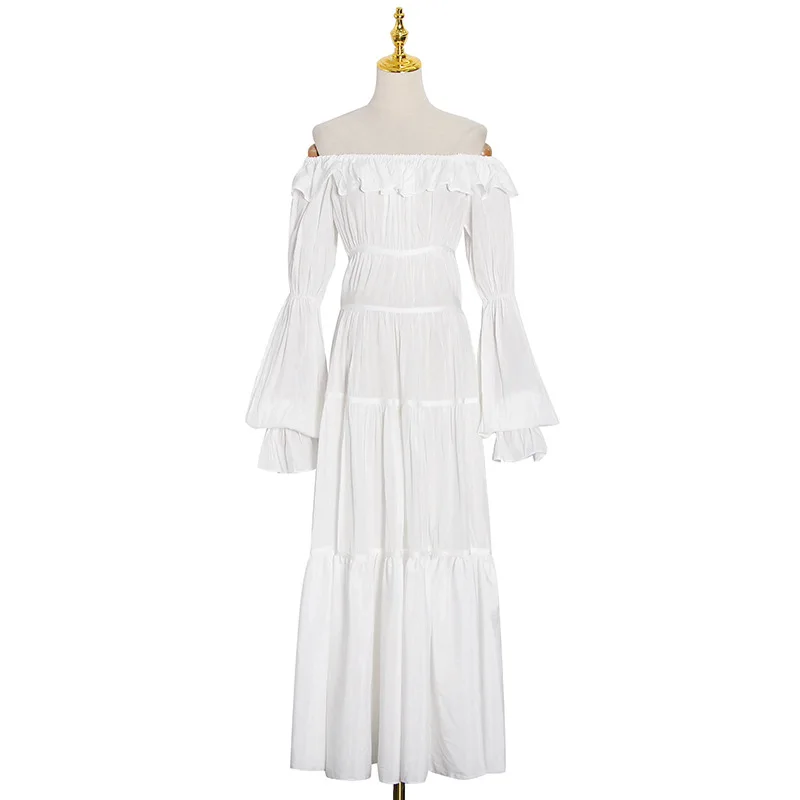 

2021 Spring Long White Dress Women New Bubble Sleeve Word Shoulder Sweet Loose Long Dress Female Vestido Midi Elegante