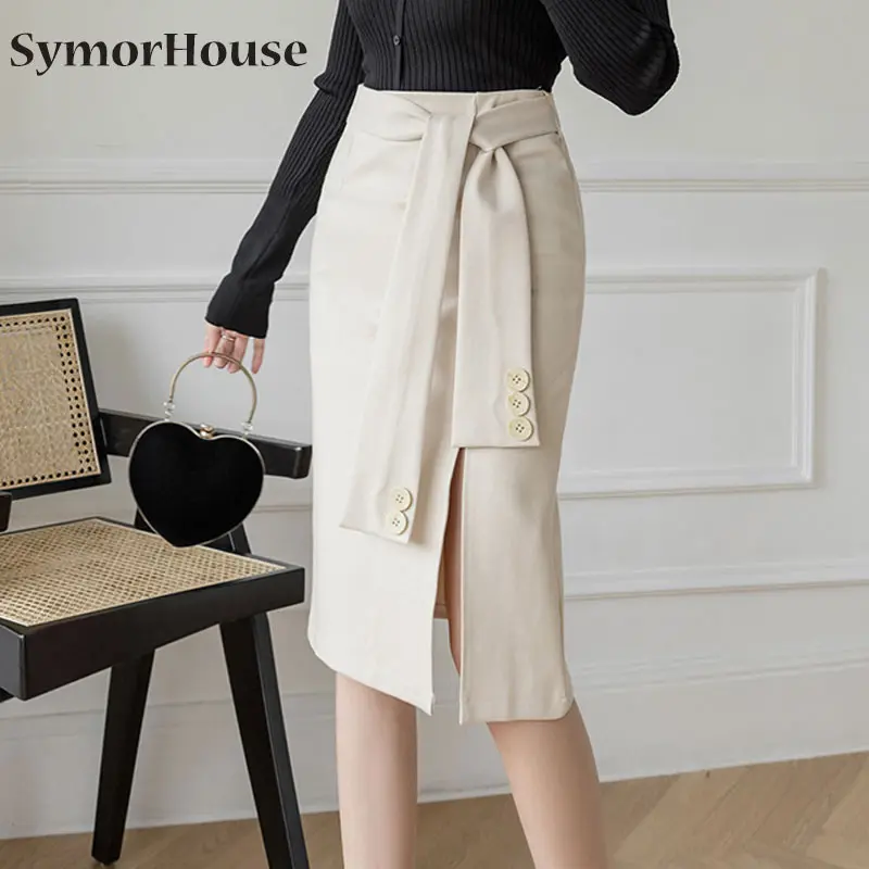 

Женская Юбка-миди, элегантная длинная повседневная юбка-карандаш с поясом и высокой талией, черная модная стрейчевая ткань, Женская юбка