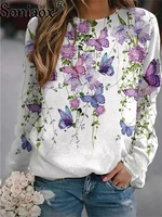 2021 autumn women new butterfly floral printed sweatshirt ladies o neck long sleeve casual loose hoodie streetwear pullover tops