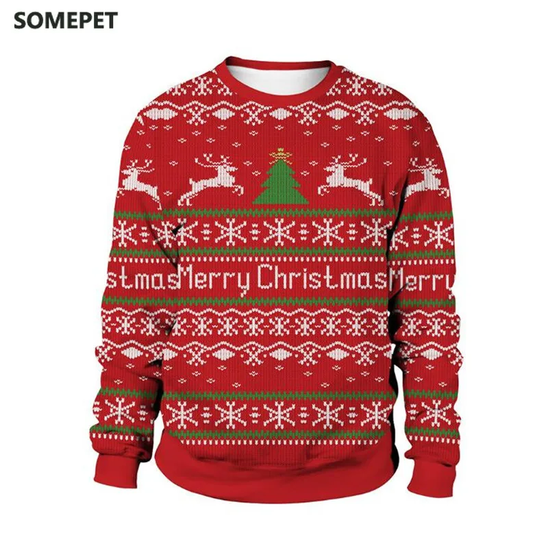 Мужской женский Рождественский свитер, пуловер с круглым вырезом, женский свитер с забавным 3D принтом с оленем, рождественские Джемперы, то...