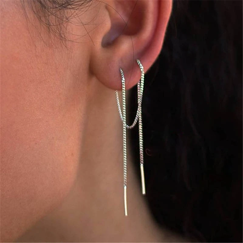 

8CM Long Tassel Ear Line Thread Threader Drop Earrings For Women Minimalist Gold Wire Bars Rolo Chain Earrings 50E763