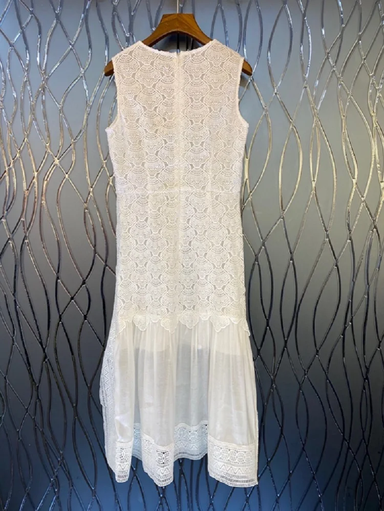 

Hollow Out Embroidery Dress 2021 Spring Summer Party Events Women O-Neck Ruffle Deco Sleeveless Midi White Black Bodycon Dress