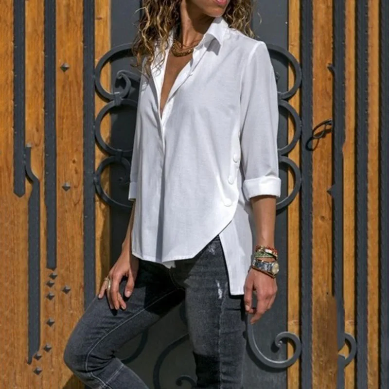 Women's shirts 2019 autumn and winter models long sleeves irregular slits large size women's women 9 colors 8 yards |