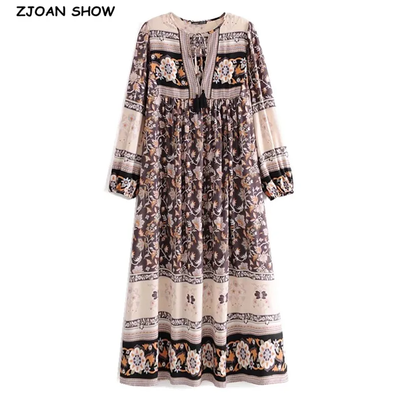 

2020 Bohemia Lacing up V neck Coffee Flower Print Long Dress BOHO Woman Long Sleeve Tassel Strappy Holiday Dresses Beach