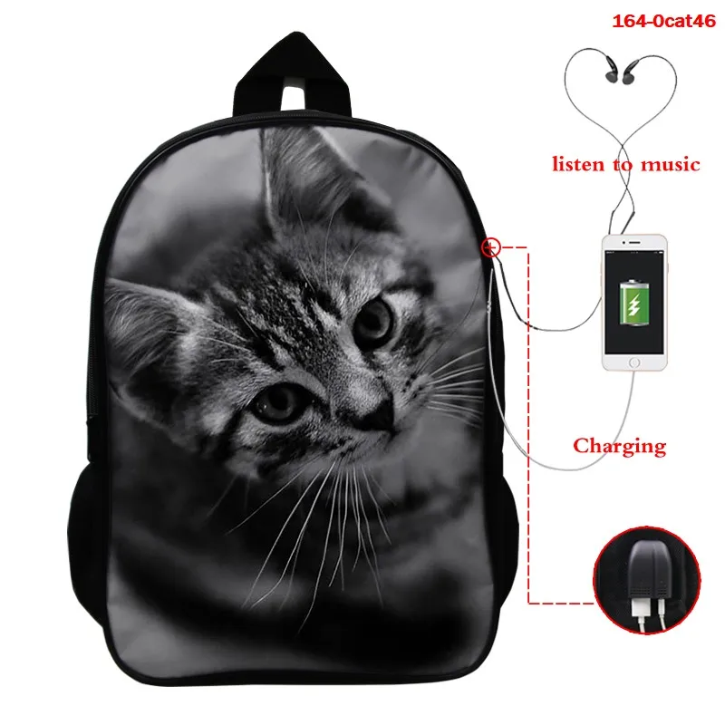 

3D Animal Backpack for Women Backpack Kids School Boys Girls Mochila 3d Cat Print Bags Student School Rucksack with Usb Charging