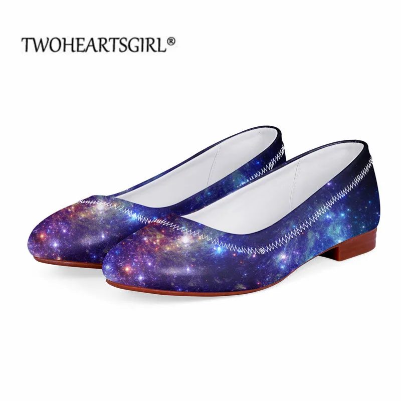 

Twoheartsgirl Women Flats Shoes Galaxy Design Casual PU Leather Shoes for Office Work Boat Shoes Loafers Slip-on Footwear