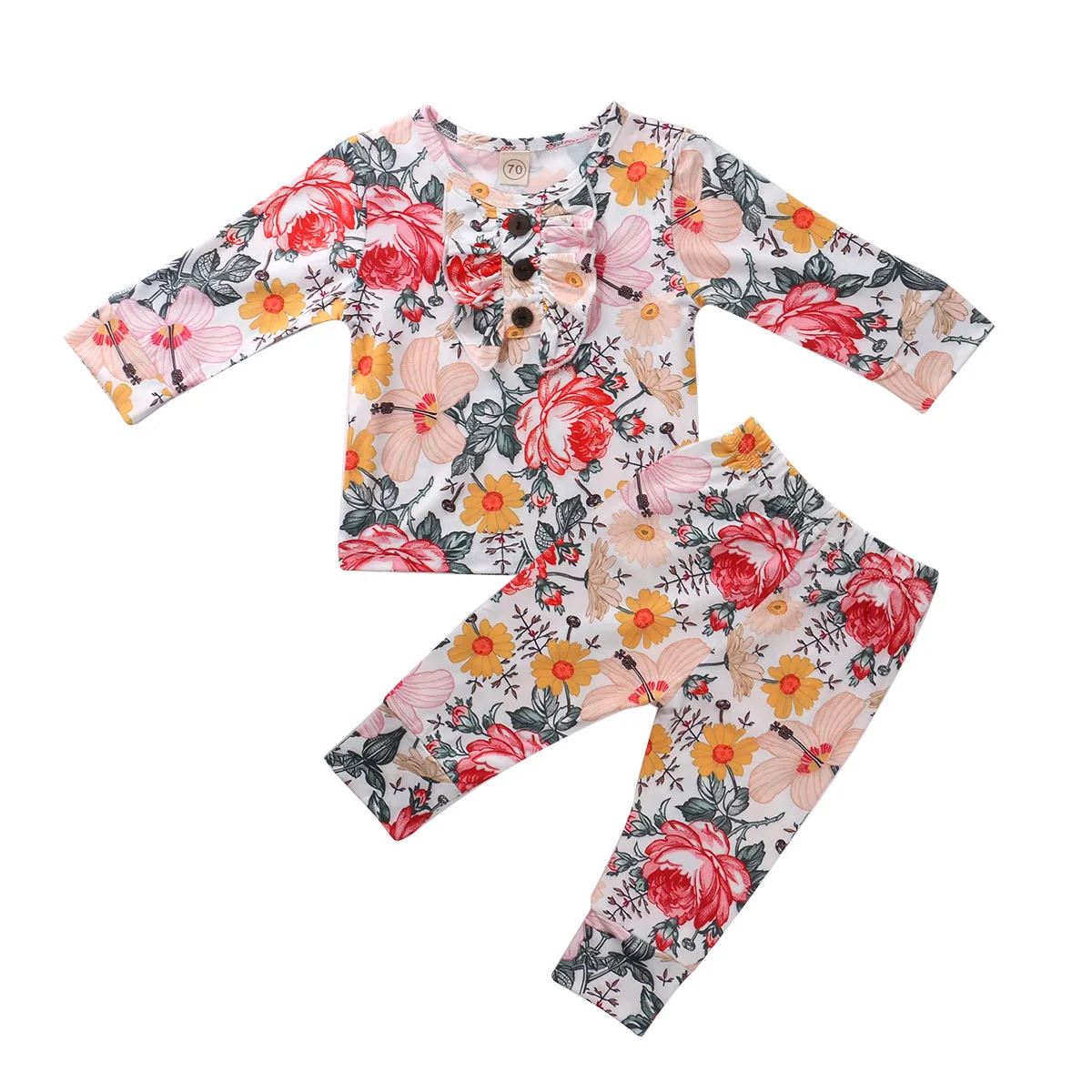 

0-24M Baby Girls Ruffle Round-Collar Long-Sleeves Top + Elastic Waistband Pants Floral Outfits for Baby Girl, 0-2 Years