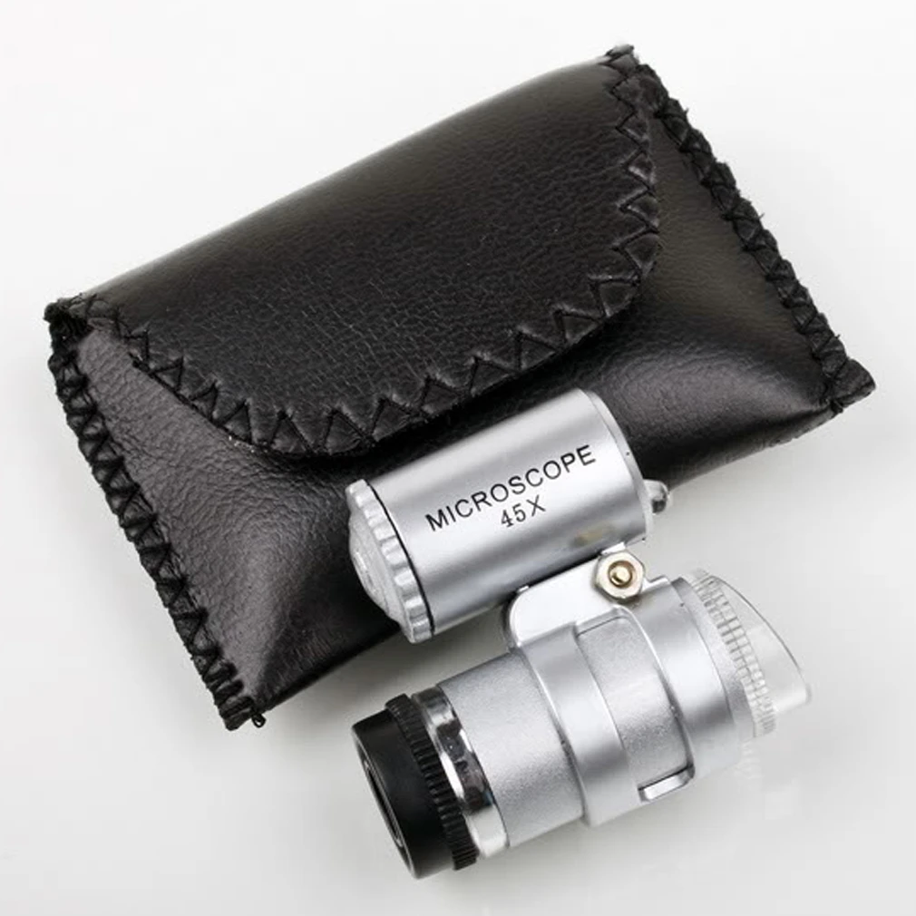 

One Set 45X Pocket Size Mini Microscope Magnifier Magnifying Glass Jeweler Loup Glass Lens 2LED Light Magnifier Magnifying