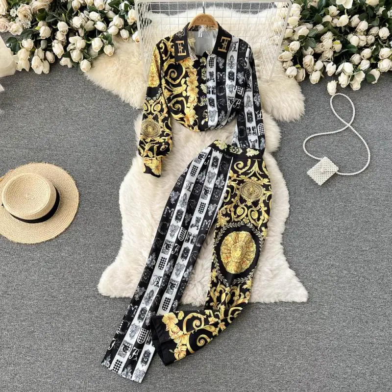 

Женский элегантный костюм с цветочным принтом, блузка с длинным рукавом и широкие брюки, свободная рубашка, комплект из двух предметов, нови...