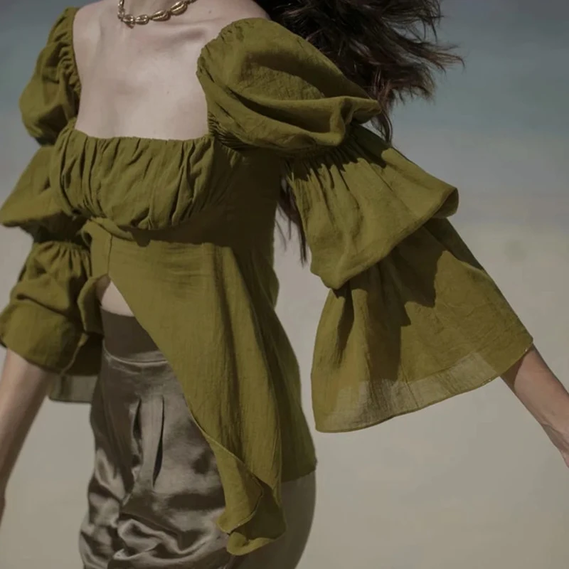 

Женская винтажная блузка с длинным рукавом, облегающая блузка с квадратным вырезом, разрезом и рюшами, уличная одежда для отпуска, лето 2021