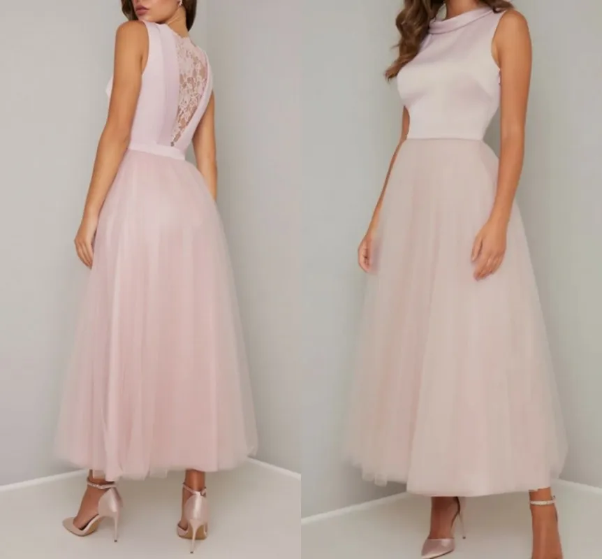 

Женское вечернее платье до щиколотки, элегантное розовое платье с кружевной спинкой, атласное Тюлевое платье для выпускного вечера, 2022