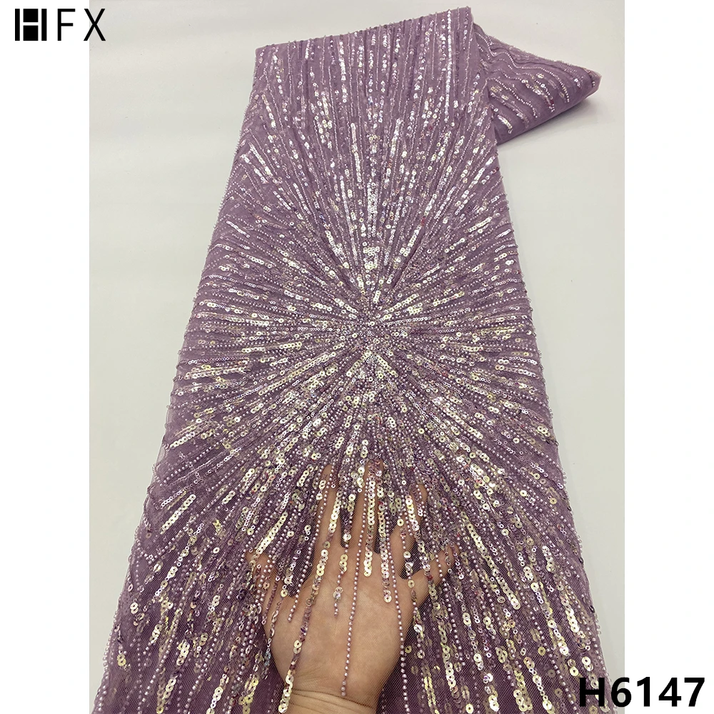 

HFX 5Yard New Style French Lace Fabric High-End Handmade Beads Tulle Fabric With Sequins Net Lace Fabric For Party Dress H6147