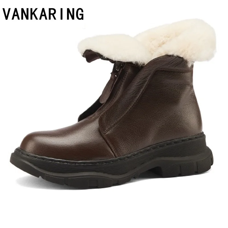 

platform ankle boots shoes woman genuine leather fur casual shoes zipper black brown winter snow boots ladies fashion ankle boot