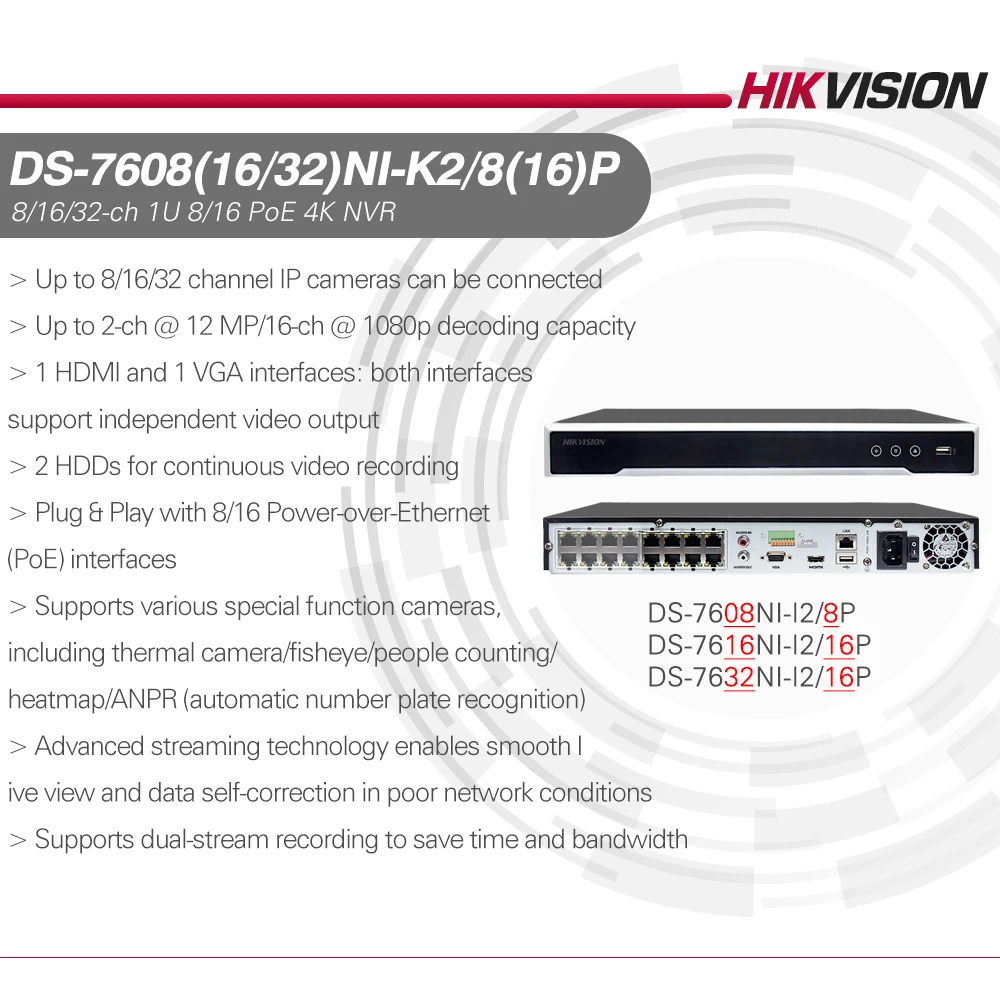 Hikvision 4K 8MP POE NVR DS-7608NI-K2/8P 8CH H265 + CCTV 2-стороннее Аудио для IP-камеры системы