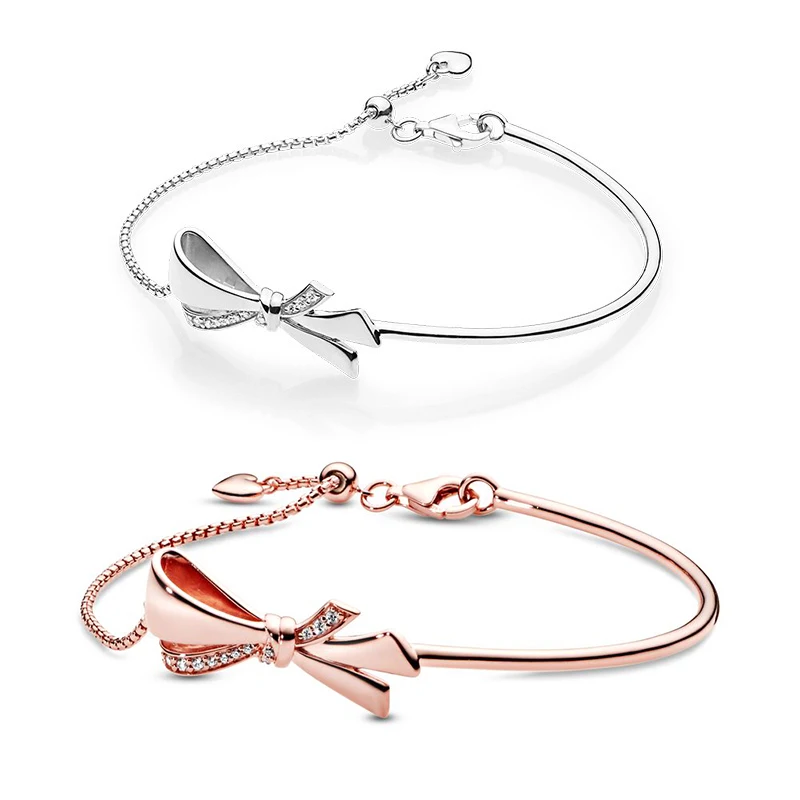 

100% 925 Sterling Silver Classic Sparkling Bow pandoradora Bracelet Women Charm Fashion DIY Jewelry