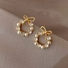Женские круглые серьги-гвоздики, корейские серьги с бантом и жемчугом, 2021