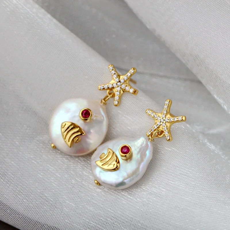 

BOCAI Pure S925 Silver Electroplated Gold Jewelry Inlaid With Natural Baroque Pearls Fashionable And Creative Women's Earrings