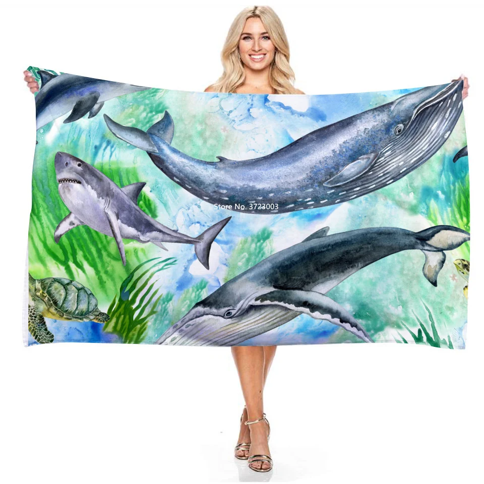 

Blue Ocean Series Whale Dolphin Turtle Printed Bathroom Quick-Dry Bibulous Rectangle Bathroom Towel Beach Towel