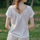 Женская льняная футболка с коротким рукавом, V-образным вырезом и открытой спиной