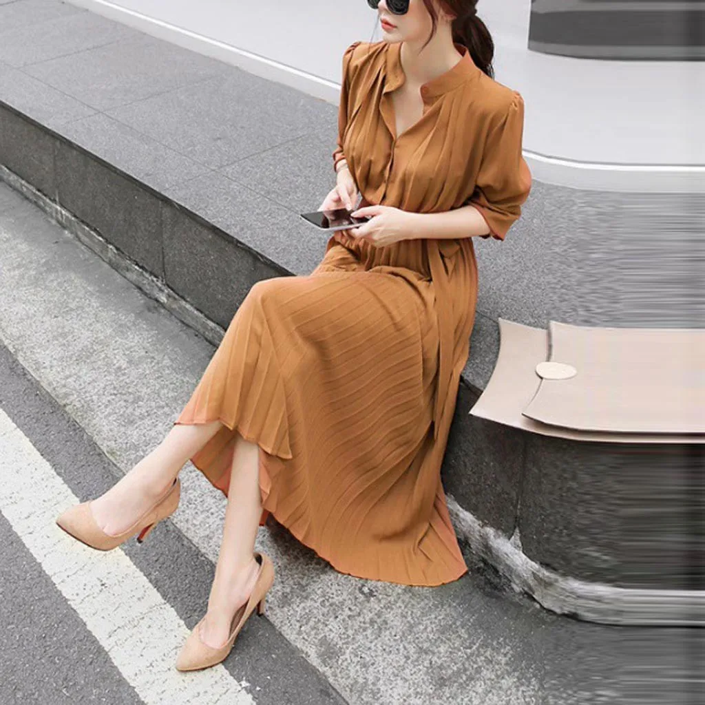 

Women Dress Casual Solid V-Neck Dress Long Sleeve Beam Waist Big Swing Pleated Dress Female Autumn Winter Dress 40#