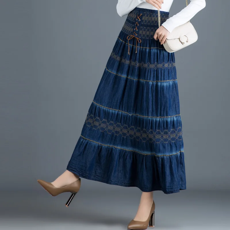 Длинная новая джинсовая винтажная Осенняя Женская темно-синяя Макси