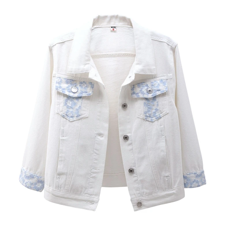 Женская джинсовая куртка демисезонная короткая в Корейском стиле с кружевом и