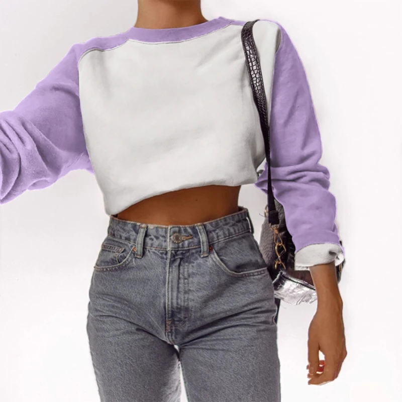 

Women Raglan Long Sleeve Sweatshirt Color Block Crew Neck Elastic Hem Crop Top BX0B