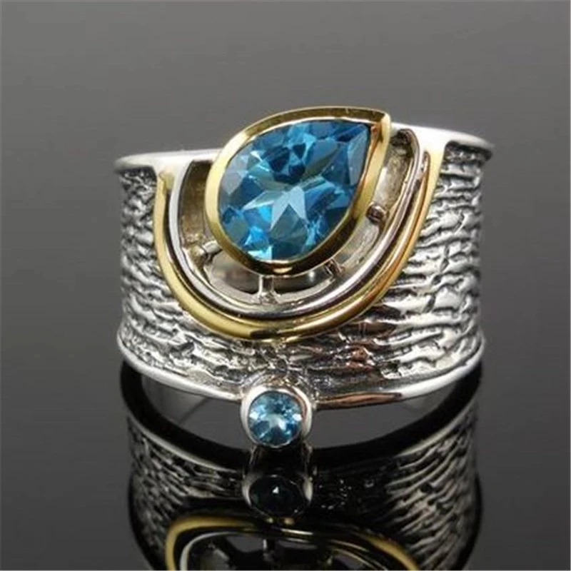 

YPAY 2021 New Vintage Design Women Finger Rings Cocktail Party Ring Blue Water Drop Stone Noble Retro Large Accessories Ring
