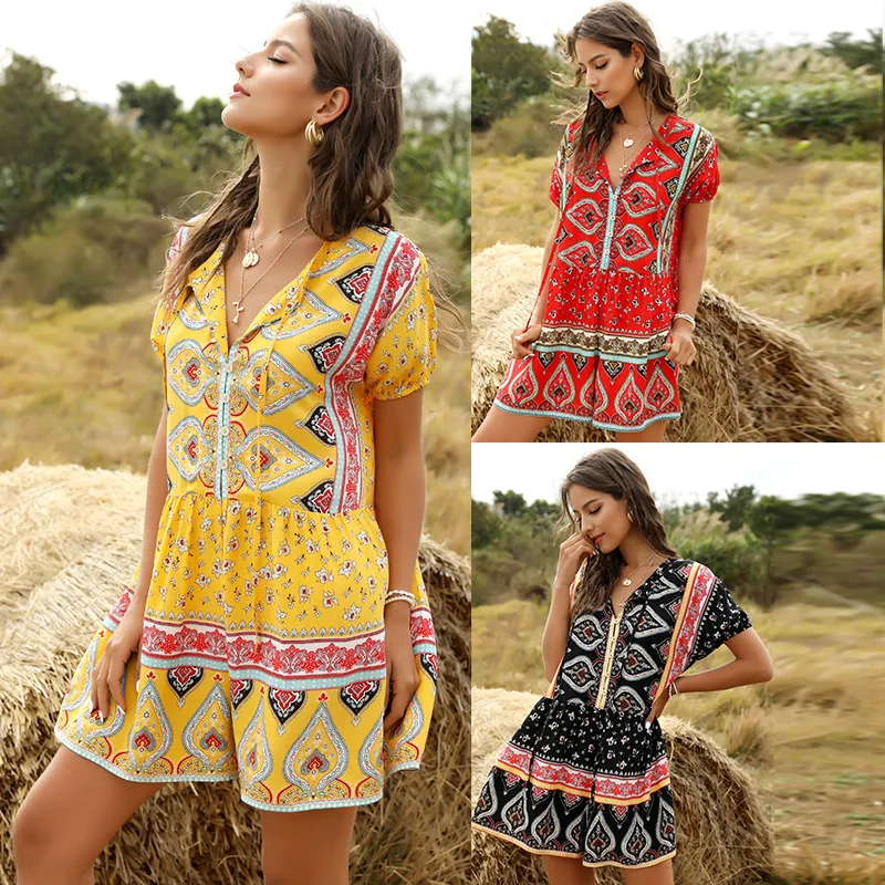 

Casual Women Jumpsuits 2021 V Neck Summer Beach Boho Female Ruffles Floral Rompers One Piece Jumpsuit Ropa Mujer Playsuits