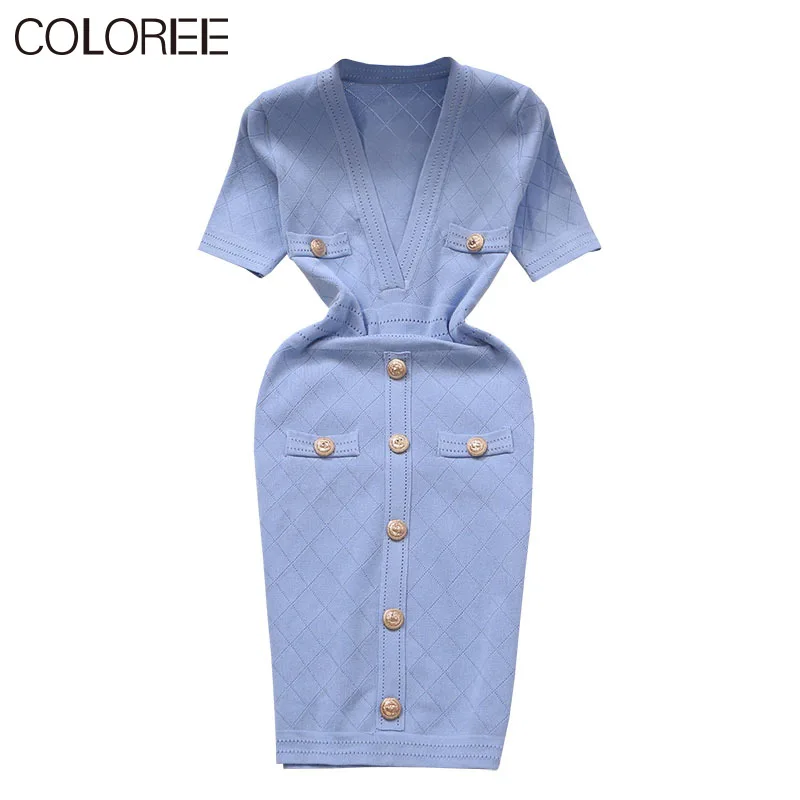 

7 цветов! Женское трикотажное офисное платье, Элегантное однобортное повседневное платье мини с V-образным вырезом и коротким рукавом, лето ...